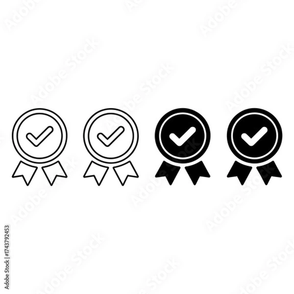 Fototapeta Set of four black and white award medal icons with checkmarks and ribbons for recognition