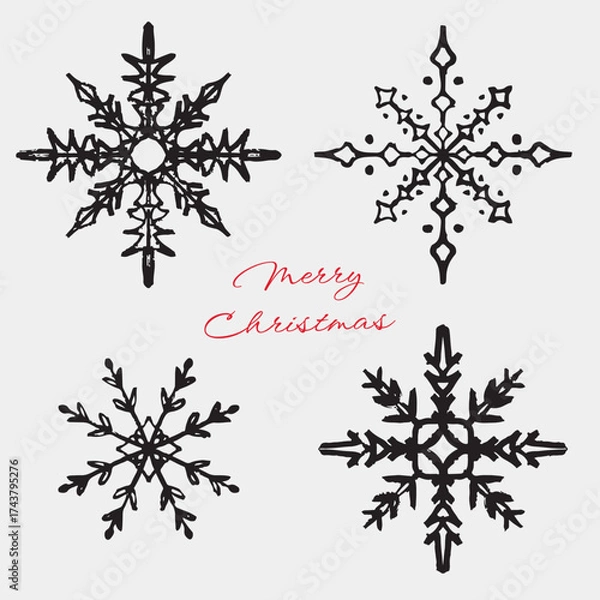 Fototapeta Hand drawn snowflake set. Vector sketch illustration in vintage crayon charcoal. Merry Christmas greeting card. Snowflakes decorative pattern for winter and holiday design.