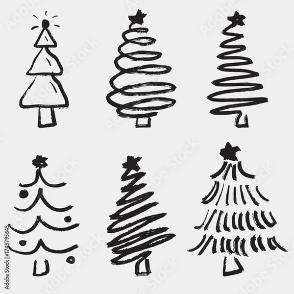 Fototapeta Hand drawn Christmas tree set. Vector sketch illustration in vintage crayon charcoal style. Festive trees with stars, ornaments, spirals, and abstract holiday designs. Christmas decorations