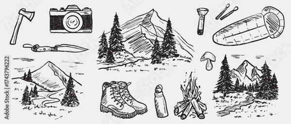 Fototapeta Hand drawn camping and hiking set. Vector sketch illustration in vintage crayon charcoal style. Boots, axe, knife, campfire, sleeping bag, water bottle, flashlight, camera, and landscapes