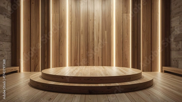Fototapeta Modern Wooden Podium Stage with LED Lights for Product Display Background 3D Render