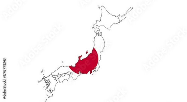 Fototapeta Map of japan with the national flag isolated on transparent background this illustration represents the geographical shape of the country with its flag colors and symbol