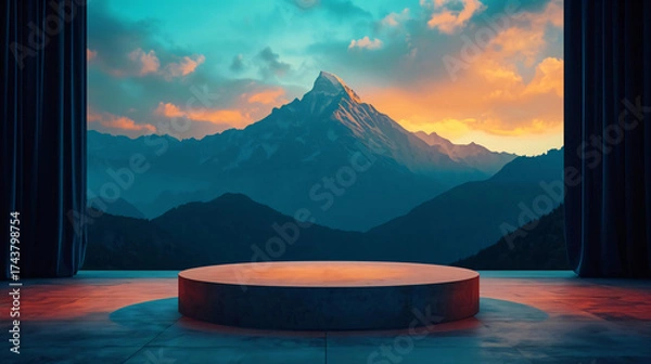 Fototapeta Minimalist 3D Render Podium with Dramatic Mountain Sunset View for Product Display Mockup