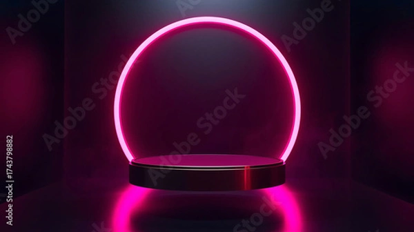 Fototapeta Modern 3D Render Product Display Podium with Pink Neon Arch for Futuristic Advertising