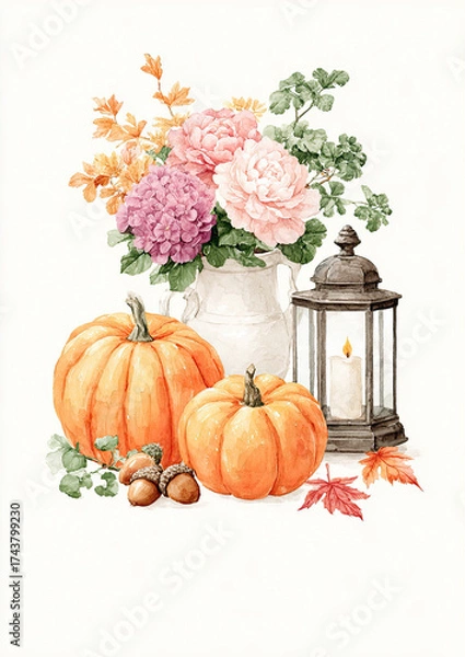 Fototapeta Pumpkins, acorns and peonies in ceramic vase with rustic lantern, watercolor autumn still life illustration
