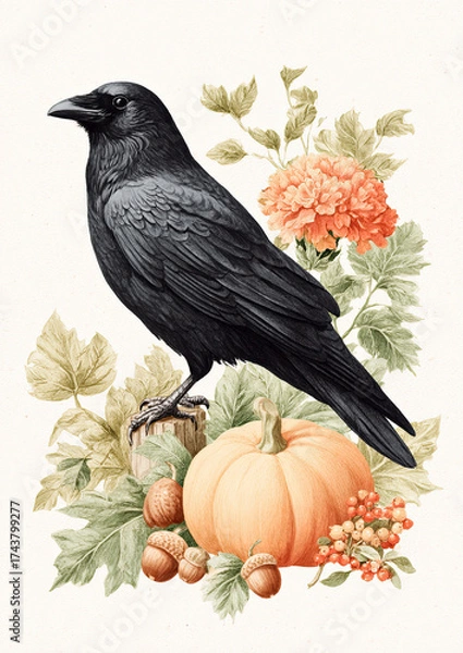 Fototapeta Raven perched on pumpkins with florals in autumn scene