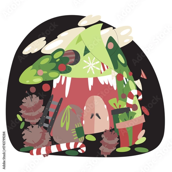 Fototapeta Flat style vector illustration on a New Year's theme. A cute little New Year's house with Christmas trees and decorations.
