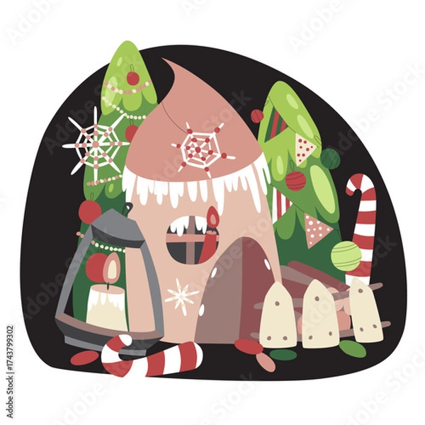 Fototapeta Flat style vector illustration on a New Year's theme. A cute little New Year's house with Christmas trees and decorations.