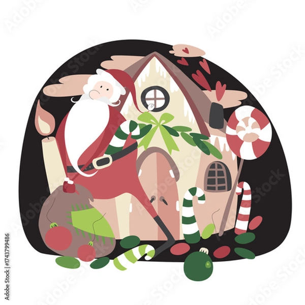 Fototapeta Flat style vector illustration on a New Year's theme. A cute little New Year's house with Christmas trees and decorations.