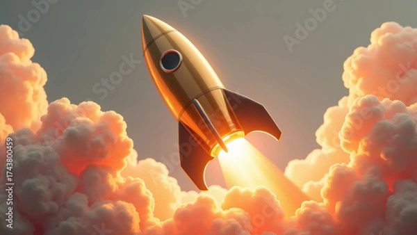 Obraz Sleek rocket launches into sky, surrounded by vibrant clouds and warm glow, symbolizing adventure and exploration