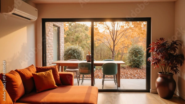 Obraz Cozy living room with view of autumn landscape, featuring comfortable orange sofa, dining table, and vibrant foliage outside
