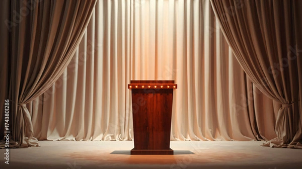 Fototapeta Elegant Wooden Podium 3D Render on Stage with Warm Curtains for Presentation Background