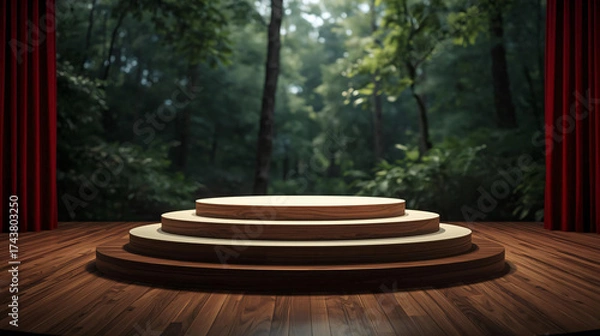 Fototapeta Outdoor Stage with Tiered Wooden Podium and Red Curtains Forest Background 3D Render