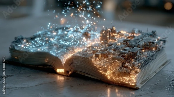 Fototapeta Open book with glowing cityscape emerging from pages, showcasing intricate details and vibrant colors, symbolizing imagination and creativity in storytelling