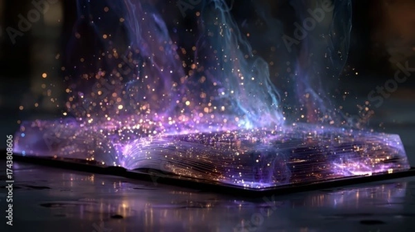 Fototapeta Open book with glowing pages, emitting vibrant magical sparks and swirling mist, creating an enchanting atmosphere of wonder and imagination, ideal for storytelling and fantasy themes