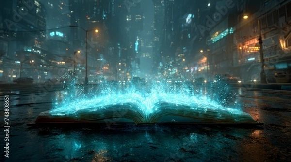 Fototapeta Open book with glowing blue magical energy emanating from its pages, set against a futuristic cityscape at night, creating an enchanting and mystical atmosphere