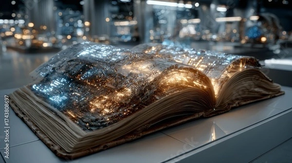 Fototapeta Open book with glowing pages, showcasing intricate patterns of light and texture, set in a modern exhibition space, symbolizing knowledge and innovation in literature
