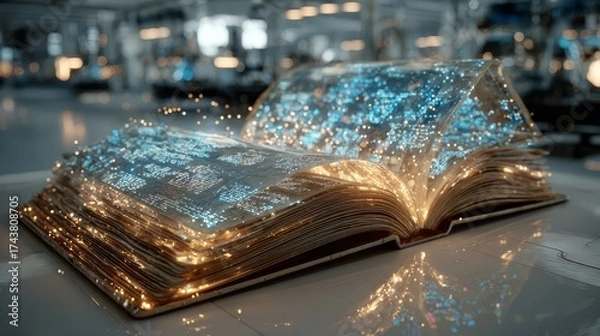 Fototapeta Open book with glowing digital text and sparkling particles, showcasing a blend of traditional literature and modern technology in a futuristic environment