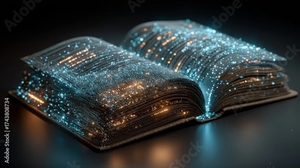 Fototapeta Open book with glowing particles emanating from pages, creating a magical atmosphere, symbolizing knowledge, imagination, and creativity in a captivating visual representation