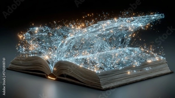 Fototapeta Open book with glowing digital particles emerging from pages, illustrating the fusion of traditional literature and modern technology, representing knowledge and creativity
