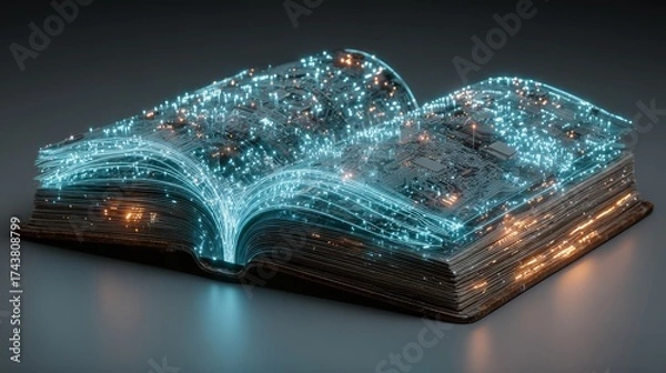 Fototapeta Open book with glowing circuits and digital particles, representing the fusion of technology and knowledge, illustrating the concept of digital learning and innovation in education