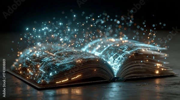 Fototapeta Open book with glowing digital particles emerging from pages, creating a mesmerizing visual effect, symbolizing knowledge, creativity, and the fusion of technology and literature