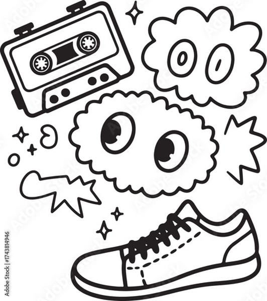 Obraz A charming black and white sketch of music, clouds, and shoes.