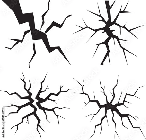 Fototapeta Black Crack and Fracture Graphics Set on White Background broken damage