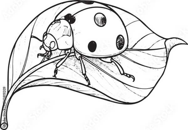Fototapeta Detailed Black and White Drawing of a Ladybug on a Leaf insect beetle