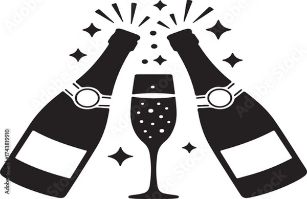 Fototapeta Two Champagne Bottles Clinking Over a Glass With Bubbles Keywords: champagne, bottles, clinking, glass