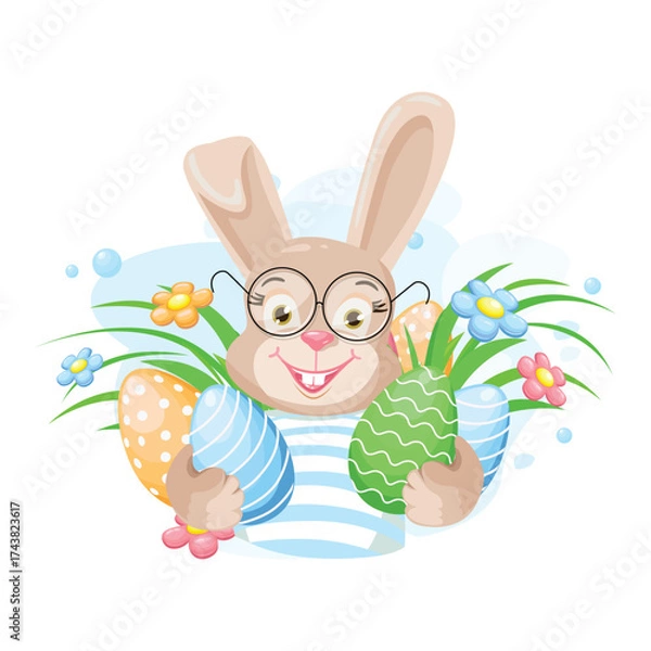 Obraz Cute Easter bunny with colored Easter eggs. Vector illustration in cartoon style.