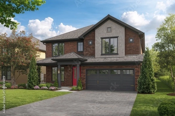 Fototapeta Contemporary double-level home facade under bright daylight, showcasing a garage driveway and a welcoming front door set in a charming residential area.