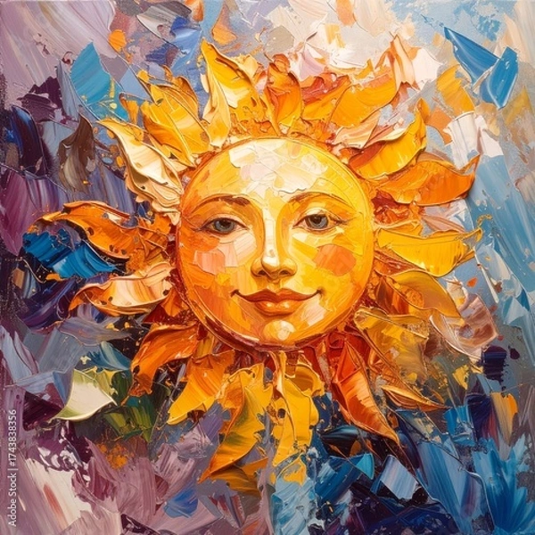 Obraz A cheerful and expressive impasto oil painting of a smiling sun. The thick, textured brush strokes create a vibrant and joyful artwork symbolizing happiness and optimism.