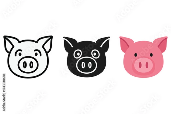 Fototapeta Vector art of three pig heads in different styles, a cute and simple design for kids