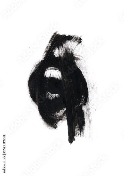 Fototapeta An abstract black brushstroke composition on a white background. The shapes create the impression of a closed oval with a vertical accent running through the center, as if concealing something within.
