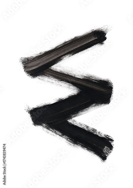 Fototapeta An abstract brushstroke of black paint on a white background. Three strong, wide lines form a zigzag shape, reminiscent of the letter "Z" or lightning. 