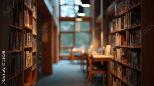 Fototapeta Cozy library background with blurred shelves and soft lighting, perfect for creative projects, featuring vintage books and a warm ambiance.