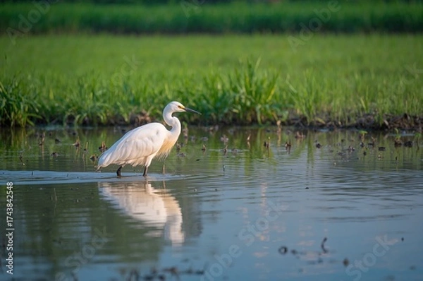 Fototapeta A white egret standing in a muddy paddy field