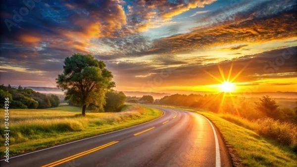 Fototapeta Warm golden light illuminates a winding road as a vibrant sunrise breaks through the horizon, nature, open road,  nature