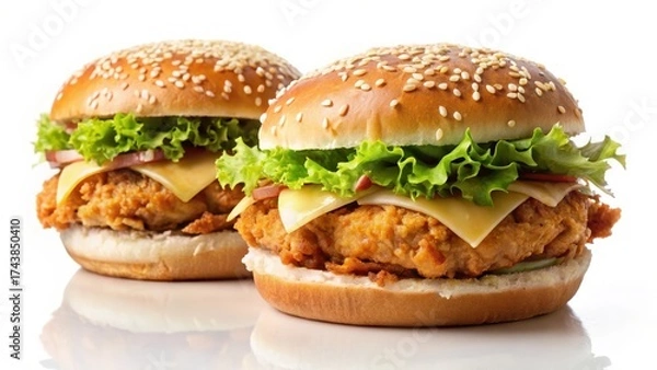 Fototapeta Two juicy crispy chicken burgers sitting on a clean and simple white background, with a slight shadow effect for added depth and texture , burger joint, lunch