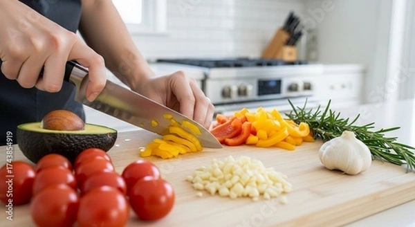 Obraz Close-up of woman's hands slicing bell peppers on a wooden board with avocado, tomatoes, and garlic in a bright kitchen; concept for healthy eating, culinary preparation, and balanced diet