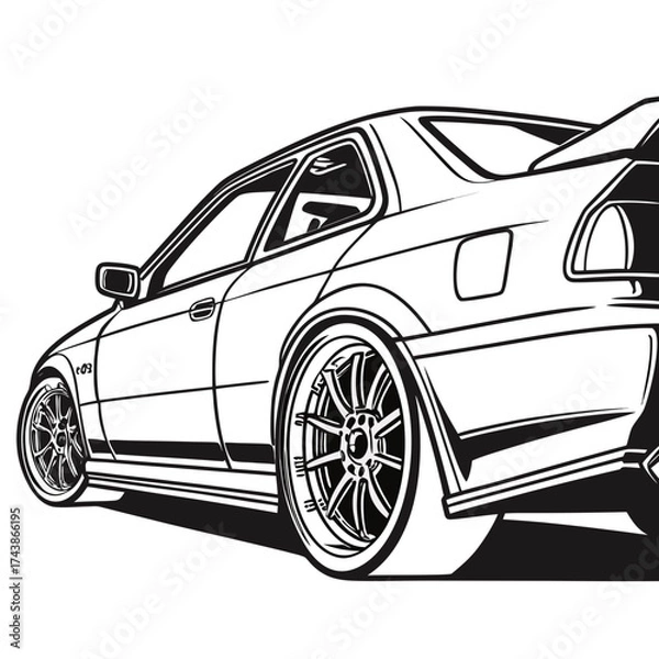 Obraz Sleek black and white line art illustration of a modified sports car with a prominent rear spoiler and custom wheels