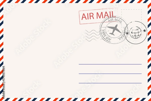 Fototapeta Air mail postcard retro background with grids, stamp. Mail, vintage letter design.retro border envelope with stripes. Paper texture, vintage mail. Air post letter. 