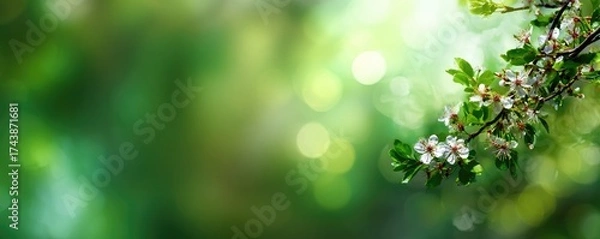Fototapeta Branch with white blossoms against a vibrant green, blurred background, suggesting springtime