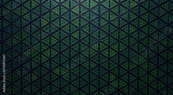 Fototapeta Abstract patterned backdrop with symmetrical triangular design in dark greens