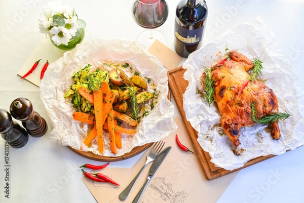 Fototapeta whole baked chicken on the table with grilled vegetables and red wine in a bottle