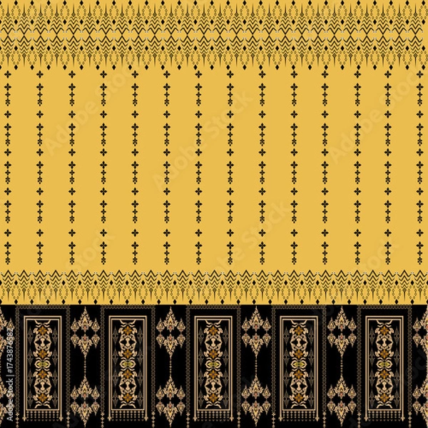 Obraz thai art pattern  geometric fabric pattern art, abstract, ethnic, yellow, black background for textile, clothes, curtains, carpets, pillows, bags, decorations, vector illustration, delicate, stripe, 