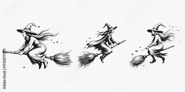 Fototapeta witch flies on a broom sketch illustration vector set