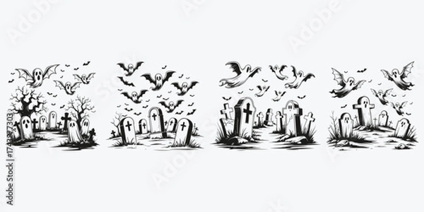 Fototapeta graveyard with ghosts sketch illustration vector set