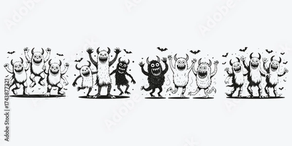 Fototapeta monsters dancing for halloween sketch illustration vector set